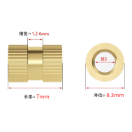Porca ranhurada em lat&atilde;o para moldagem por inje&ccedil;&atilde;o M3, 7 mm, di&acirc;metro externo 6,3 mm