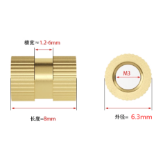 Porcas caneladas de lat&atilde;o M3 x 8 x 6,3 mm (OD 6,3 mm)