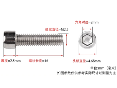 Parafuso de cabe&ccedil;a cil&iacute;ndrica com soquete hexagonal M2,5 x 16 mm em a&ccedil;o inox 201 - Imagem 1