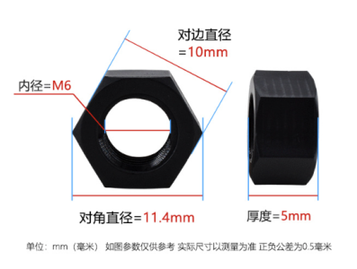 Porca hexagonal de nylon M6 preta - Imagem 1