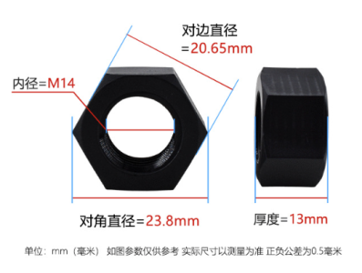 Porca hexagonal M14 em nylon preta - Imagem 1