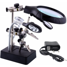 16129-C Lupa de mesa 90 mm 2,5x/7,5x/10x com LED e clipe auxiliar, plugue UE