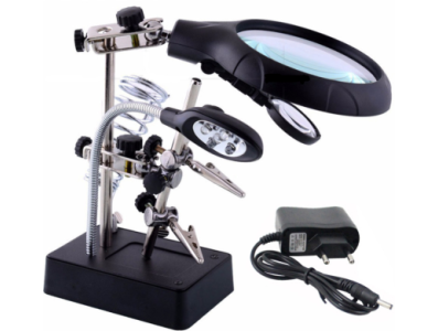 16129-C Lupa de mesa 90 mm 2,5x/7,5x/10x com LED e clipe auxiliar, plugue UE - Imagem 1