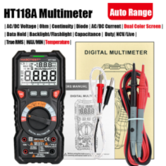 Mult&iacute;metro digital HT118A True RMS, faixa autom&aacute;tica, 1000V AC/DC, 10A, capacit&acirc;ncia, Hz, ohm&iacute;metro, LCD 6000 contagens
